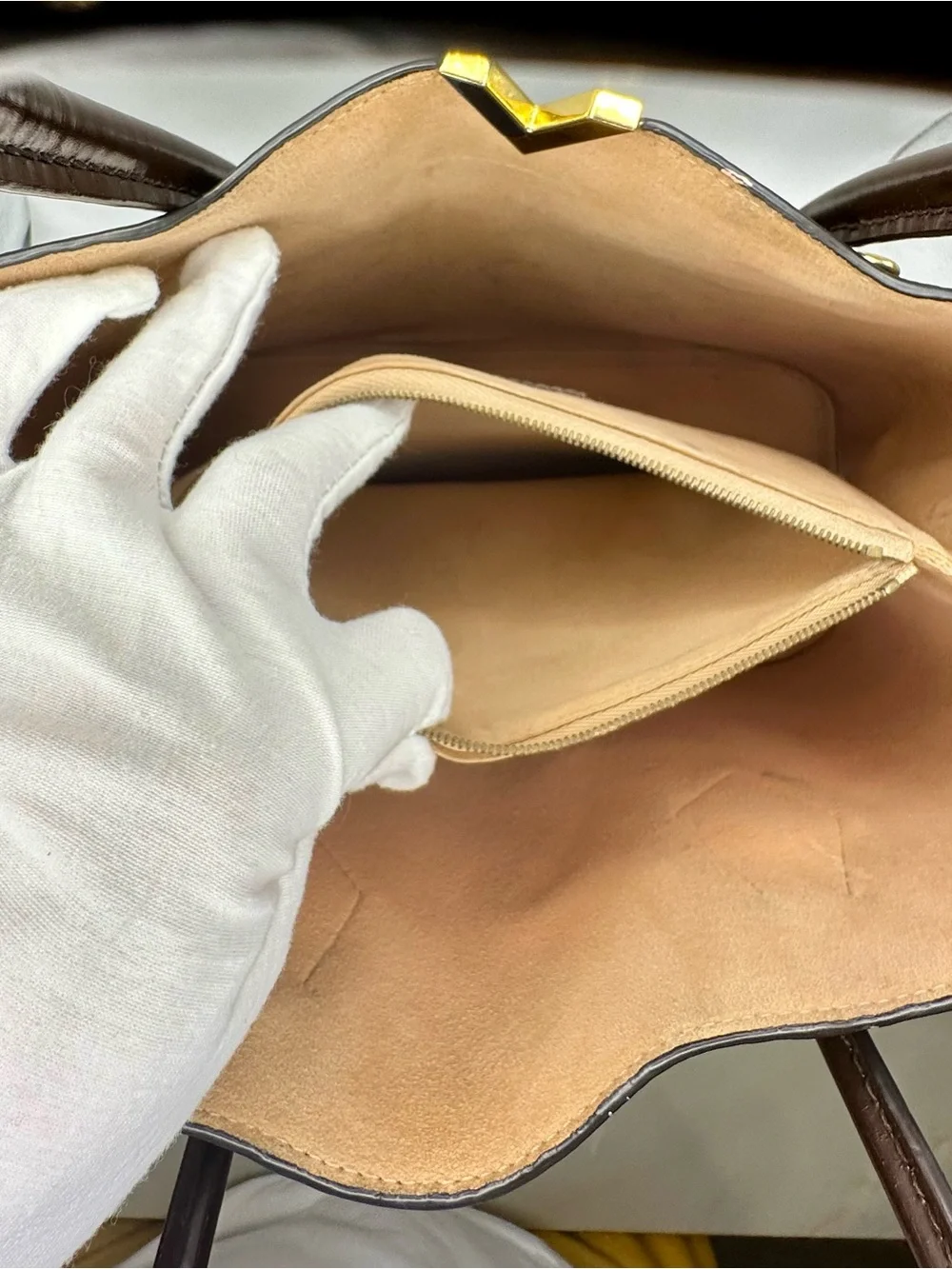 Louis Vuitton Brown Damier Ebene Kensington Canvas Tote with Gold V Detail